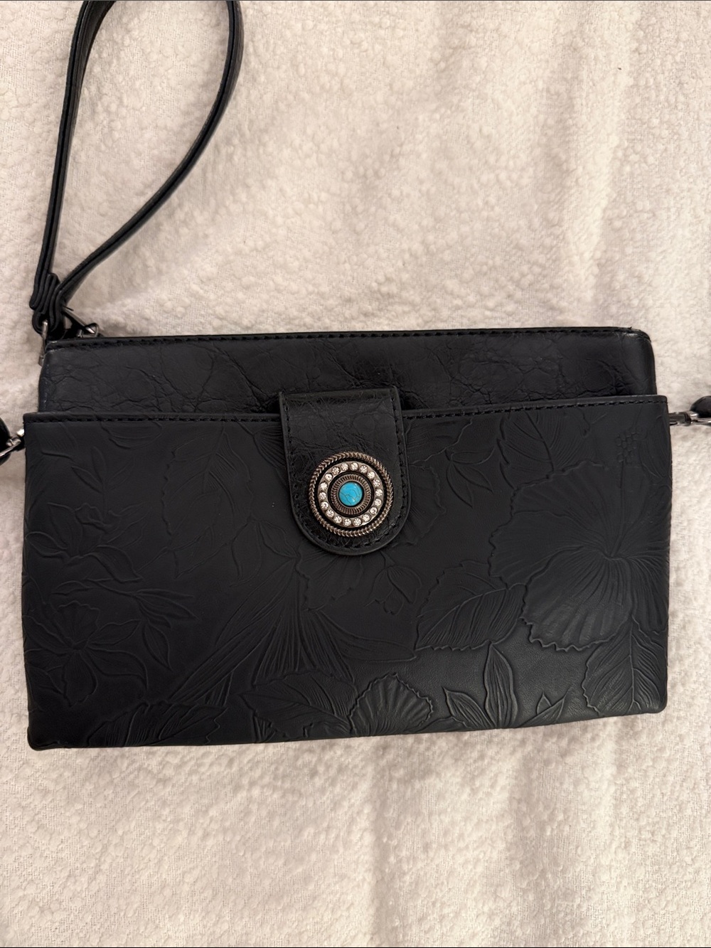 Black Embossed Floral Crossbody Bag with Turquoise Accent